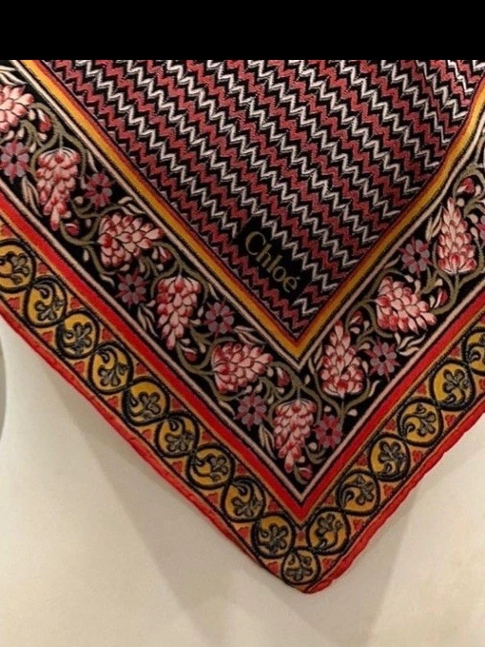 Chloe 100% Silk Scarf Burgundy Red Chevron Floral Border Square Neck 31"